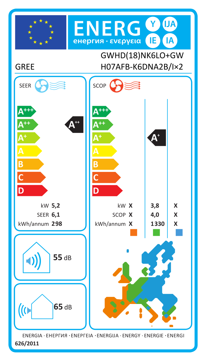 Etichetta energetica ufficiale GREE GWHD(18)NK6LO+GWH07AFB-K6DNA2B/I×2