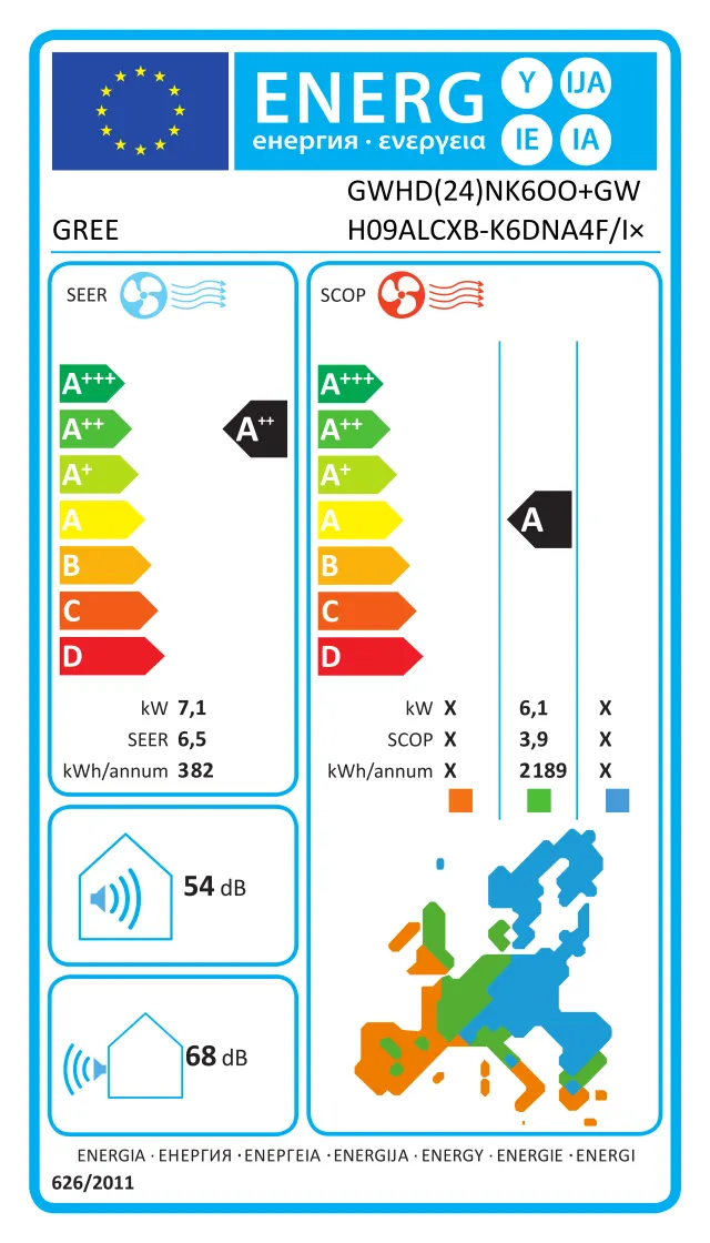 Etichetta energetica ufficiale GREE GWHD(24)NK6OO+GWH09ALCXB-K6DNA4F/I×3
