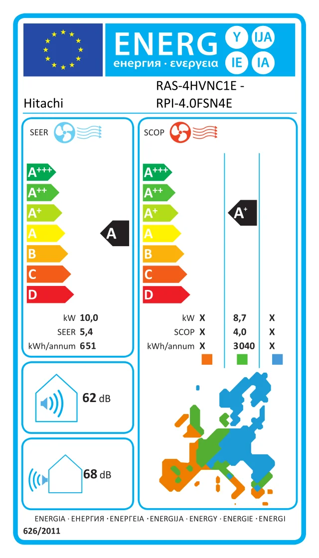 Etichetta energetica ufficiale Hitachi RAS-4HVNC1E - RPI-4.0FSN4E