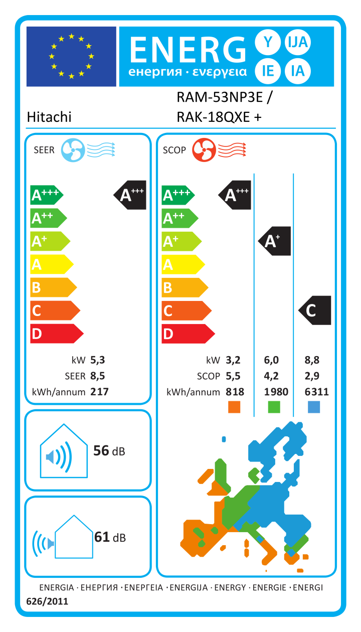 Etichetta energetica ufficiale Hitachi RAM-53NP3E / RAK-18QXE + RAK-35RPE + RAK-35RXE