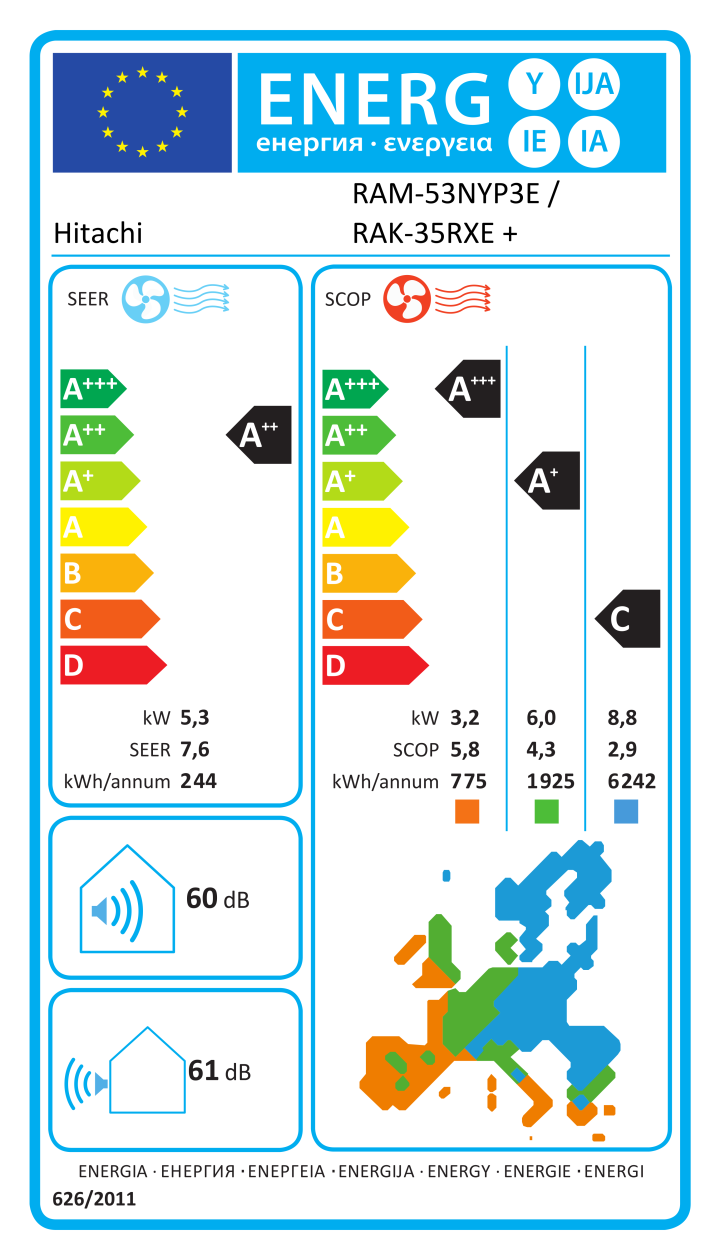 Etichetta energetica ufficiale Hitachi RAM-53NYP3E / RAK-35RXE + RAK-50RPE