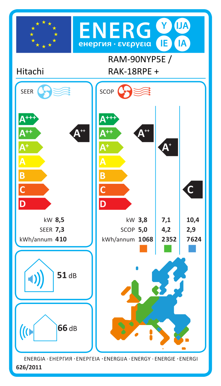 Etichetta energetica ufficiale Hitachi RAM-90NYP5E / RAK-18RPE + RAK-50RPE + RAK-50RPE1