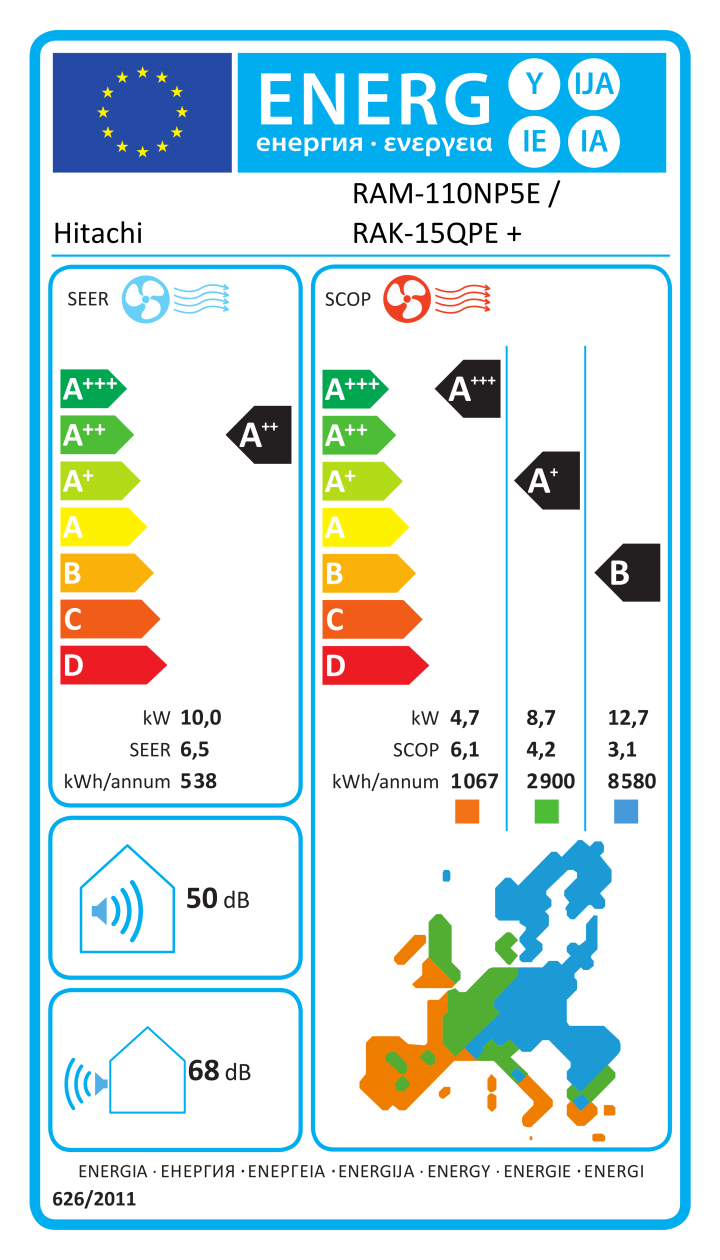 Etichetta energetica ufficiale Hitachi RAM-110NP5E / RAK-15QPE + RAK-25RPE + RAK-60RPE