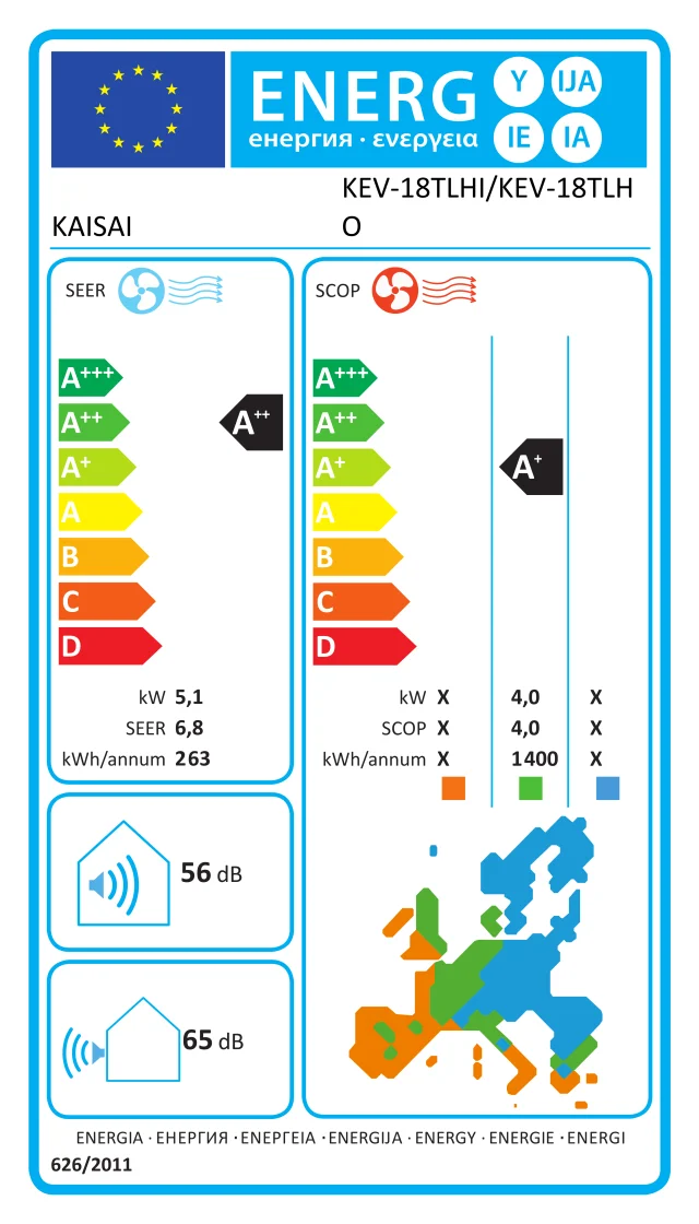 Etichetta energetica ufficiale KAISAI KEV-18TLHI/KEV-18TLHO
