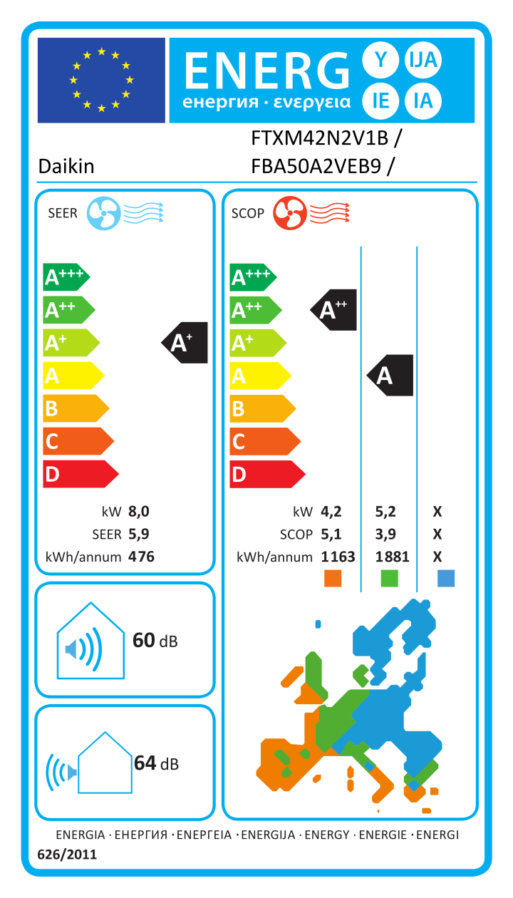 Etichetta energetica ufficiale Daikin FTXM42N2V1B / FBA50A2VEB9 / 5MXM90N2V1B9