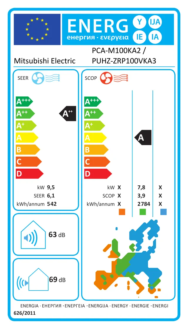 Etichetta energetica ufficiale Mitsubishi Electric PCA-M100KA2 / PUHZ-ZRP100VKA3
